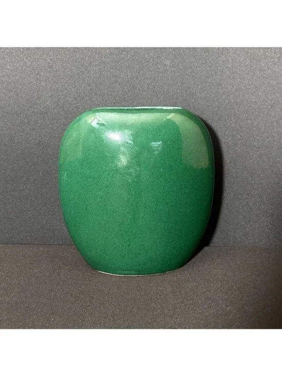 Vintage Green Ceramic Vase Glossy Finish Asymmetrical Oval Shape Modern Design - Picture 7 of 12